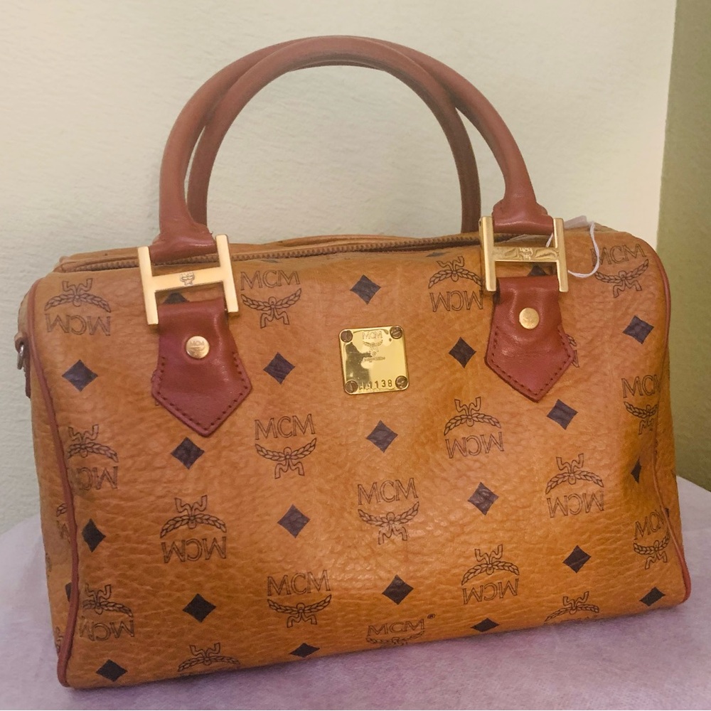MCM Tan Satchel with Gold Accents